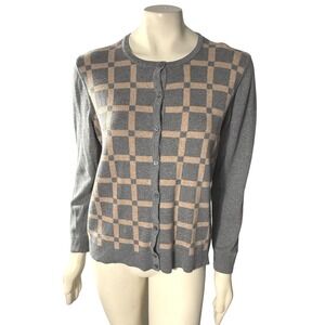 Croft‎ & Barrow Gray Tan Plaid Button Front Cardigan Sweater Women's XL Cotton